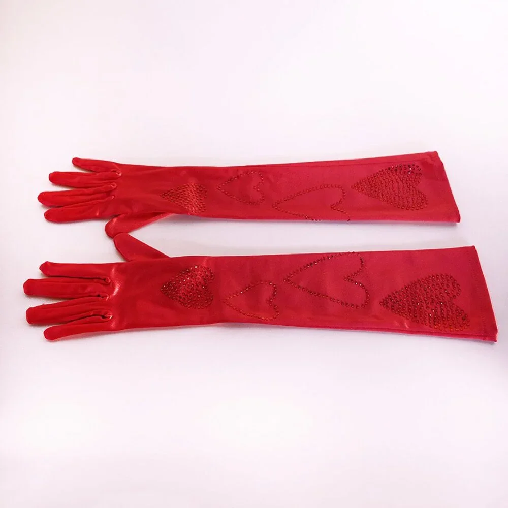 Red Extra Long Satin Gloves with Rhinestones
